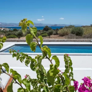 Vue sur la mer de la piscine privée de Santa Maria Beach, location de Maison de Vacances, Paros