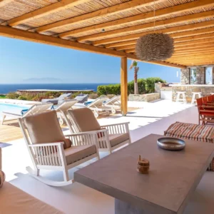 Terrasse couverte aménagée de villa Ginger White - Location de maison de vacances, Mykonos