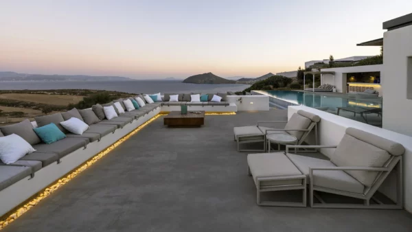 Vue de nuit sur la terrasse de villa Panorama - Location de maison de vacances, à Paros