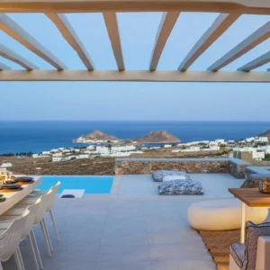 Vue sur la piscine et la mer de villa Sunscape - Location de Maison Vacances-Mykonos